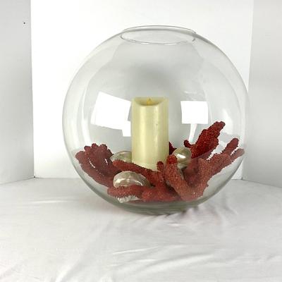 666 Faux Coral and Shells Round Glass Candle Bowl