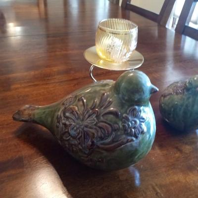 2 CLAY BIRDS AND A VOTIVE CANDLE HOLDER