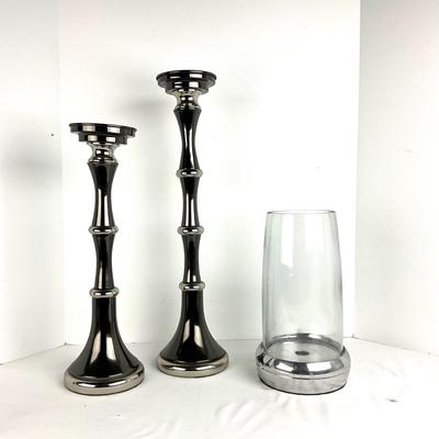 669 Pair of Gunmetal Candlesticks with Silvertone Glass Candle Globe