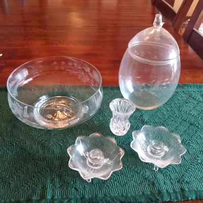 ETCHED GLASS SERVING BOWL AND CANDY DISH, CANDLE HOLDERS AND TOOTHPICK HOLDER