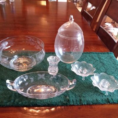 ETCHED GLASS SERVING BOWL AND CANDY DISH, CANDLE HOLDERS AND TOOTHPICK HOLDER