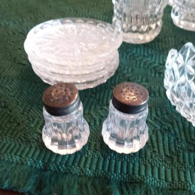 CRYSTAL GLASSES, COASTERS, RELISH DISH AND SHAKERS, METAL DUCK BANK W/KEY