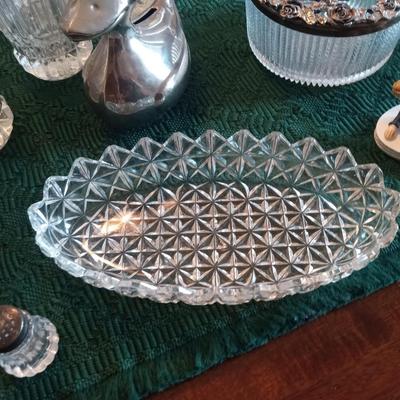 CRYSTAL GLASSES, COASTERS, RELISH DISH AND SHAKERS, METAL DUCK BANK W/KEY