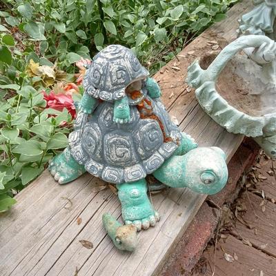 CEMENT TURTLE AND A RESIN GIRL WITH A BASKET YARD ART