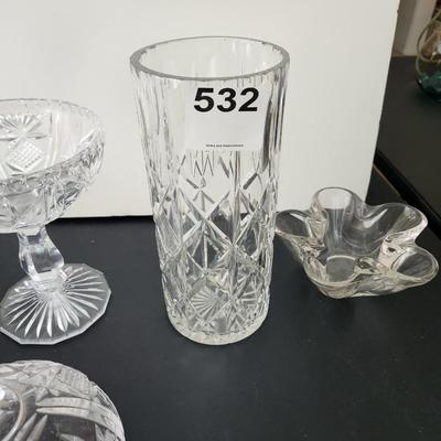 Lot of 4 Art Glass Pitcher, vase, Bowls Cut Glass Candy Dish w Lid