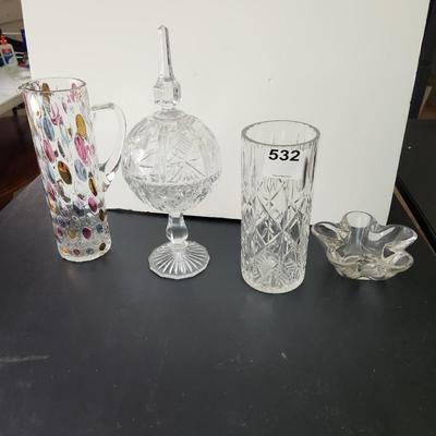 Lot of 4 Art Glass Pitcher, vase, Bowls Cut Glass Candy Dish w Lid