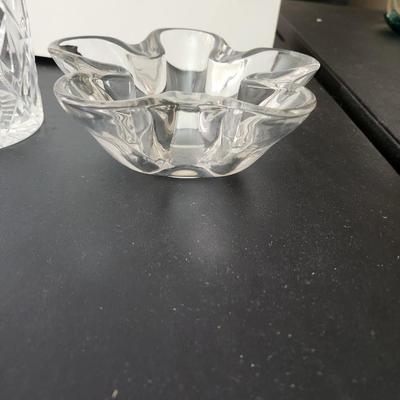 Lot of 4 Art Glass Pitcher, vase, Bowls Cut Glass Candy Dish w Lid