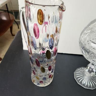 Lot of 4 Art Glass Pitcher, vase, Bowls Cut Glass Candy Dish w Lid