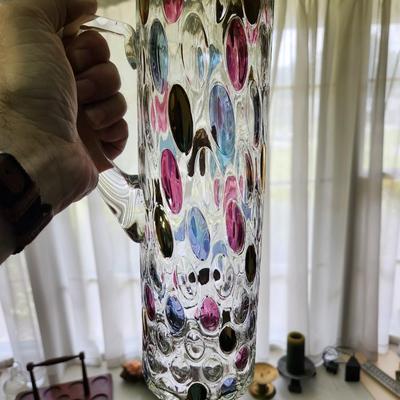 Lot of 4 Art Glass Pitcher, vase, Bowls Cut Glass Candy Dish w Lid