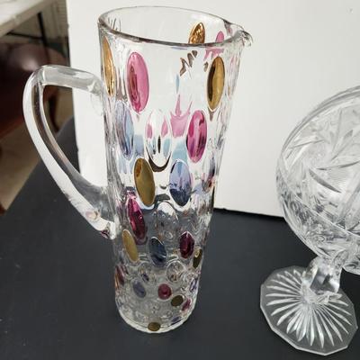 Lot of 4 Art Glass Pitcher, vase, Bowls Cut Glass Candy Dish w Lid