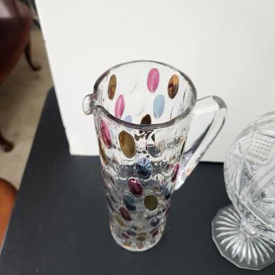 Lot of 4 Art Glass Pitcher, vase, Bowls Cut Glass Candy Dish w Lid