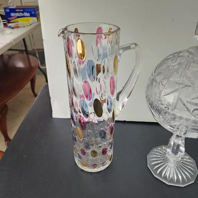 Lot of 4 Art Glass Pitcher, vase, Bowls Cut Glass Candy Dish w Lid