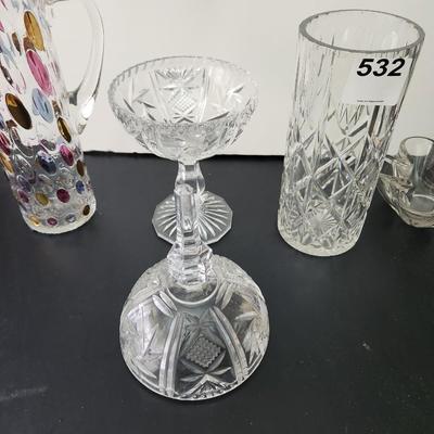 Lot of 4 Art Glass Pitcher, vase, Bowls Cut Glass Candy Dish w Lid
