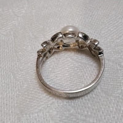 Vintage Avon Sterling Silver Cultured Pearl/White Sapphires Flower 925 Ring Size 6