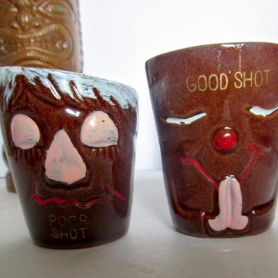 Ceramic Tiki Vase and 2 Vintage Humorous Shot Glasses