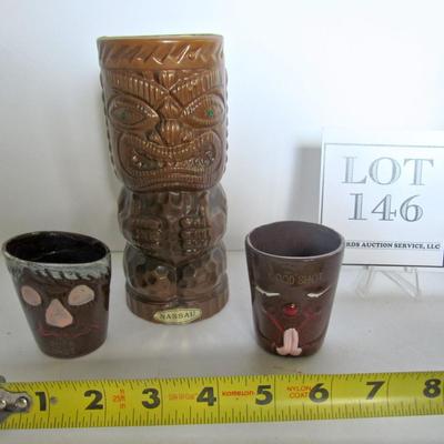 Ceramic Tiki Vase and 2 Vintage Humorous Shot Glasses