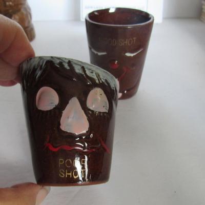 Ceramic Tiki Vase and 2 Vintage Humorous Shot Glasses