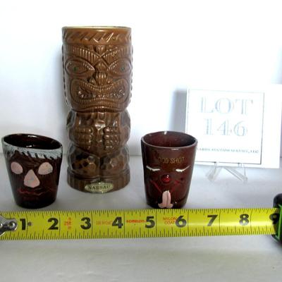 Ceramic Tiki Vase and 2 Vintage Humorous Shot Glasses
