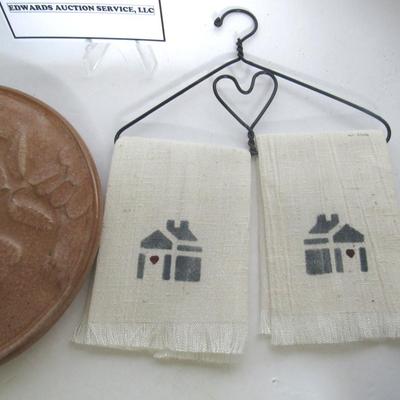 Vintage Frankoma Pottery Trivet and Tiny Kitchen Towels on Tiny Wall Hanger