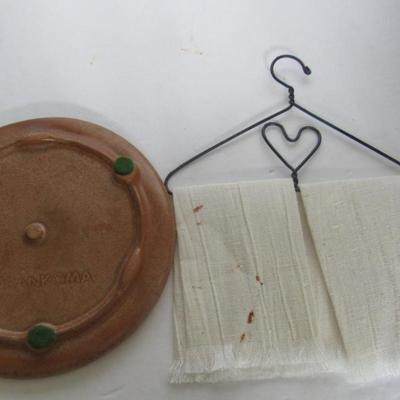 Vintage Frankoma Pottery Trivet and Tiny Kitchen Towels on Tiny Wall Hanger