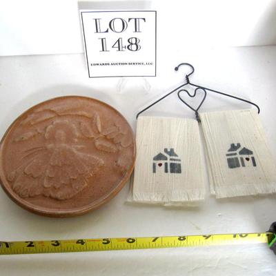 Vintage Frankoma Pottery Trivet and Tiny Kitchen Towels on Tiny Wall Hanger