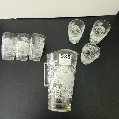 Vintage Mid Century Glass Pitcher w 6 Glasses