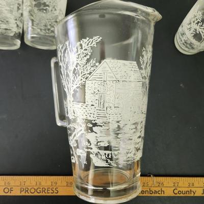 Vintage Mid Century Glass Pitcher w 6 Glasses