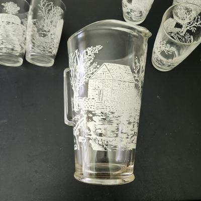 Vintage Mid Century Glass Pitcher w 6 Glasses
