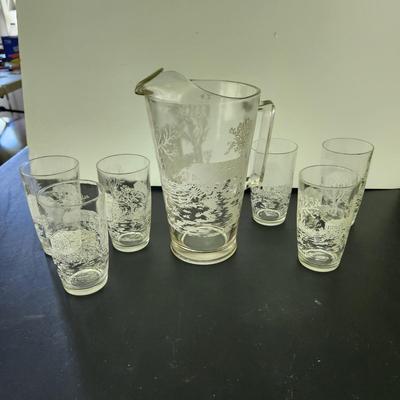 Vintage Mid Century Glass Pitcher w 6 Glasses