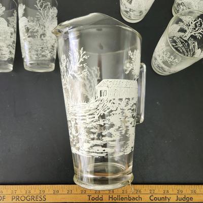 Vintage Mid Century Glass Pitcher w 6 Glasses