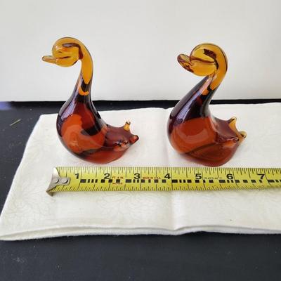 Pair Hand-blown Solid Amber Glass Duck Swans