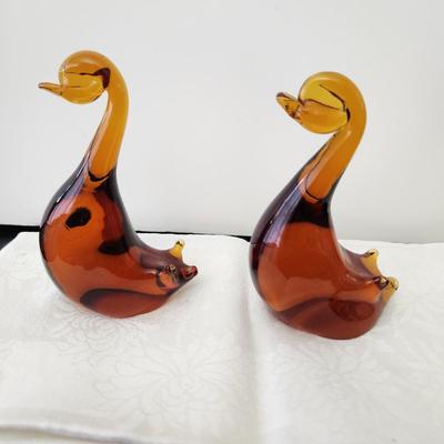Pair Hand-blown Solid Amber Glass Duck Swans