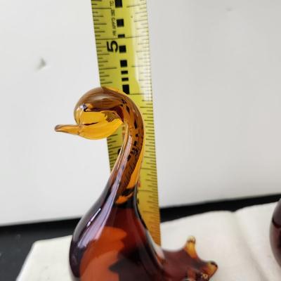 Pair Hand-blown Solid Amber Glass Duck Swans