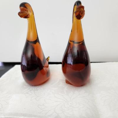 Pair Hand-blown Solid Amber Glass Duck Swans