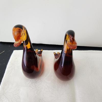 Pair Hand-blown Solid Amber Glass Duck Swans