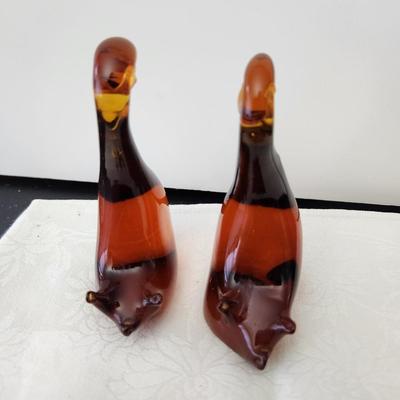 Pair Hand-blown Solid Amber Glass Duck Swans
