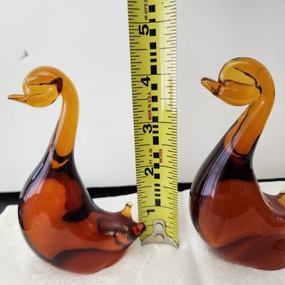Pair Hand-blown Solid Amber Glass Duck Swans