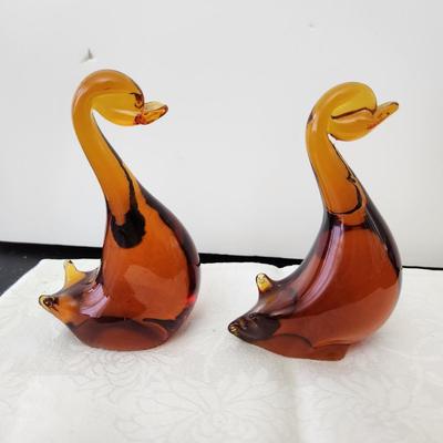 Pair Hand-blown Solid Amber Glass Duck Swans