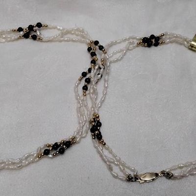 Vintage Mona So 3 Strand Seed Pearls/Onyx 26" Necklace