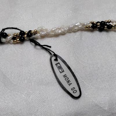 Vintage Mona So 3 Strand Seed Pearls/Onyx 26" Necklace