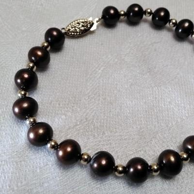 6.5 mm Chocolate Pearls 14K Beads and Clasp 7 in Bracelet