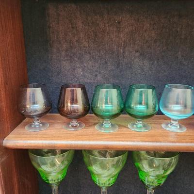Lot of 14 Glasses 12 color 2 etched clear Shot Glasses Mini Snifters