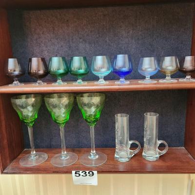 Lot of 14 Glasses 12 color 2 etched clear Shot Glasses Mini Snifters