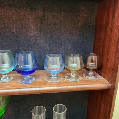 Lot of 14 Glasses 12 color 2 etched clear Shot Glasses Mini Snifters