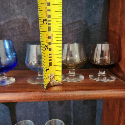 Lot of 14 Glasses 12 color 2 etched clear Shot Glasses Mini Snifters