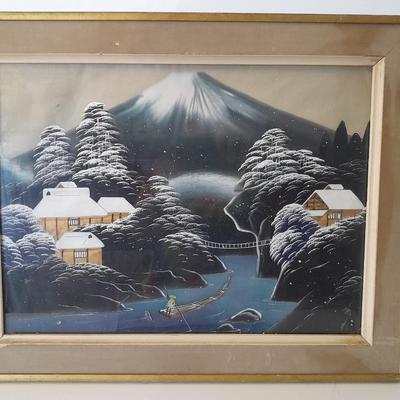 Antique Silk framed painting - framed Woodblock print and Hokusai and Hiroshige Hard back book