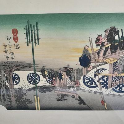 Antique Silk framed painting - framed Woodblock print and Hokusai and Hiroshige Hard back book