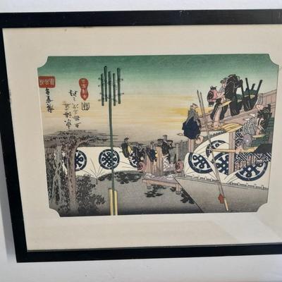 Antique Silk framed painting - framed Woodblock print and Hokusai and Hiroshige Hard back book