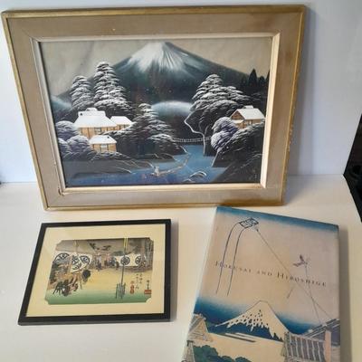 Antique Silk framed painting - framed Woodblock print and Hokusai and Hiroshige Hard back book