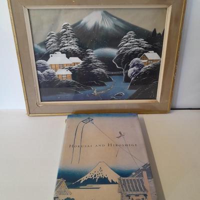 Antique Silk framed painting - framed Woodblock print and Hokusai and Hiroshige Hard back book